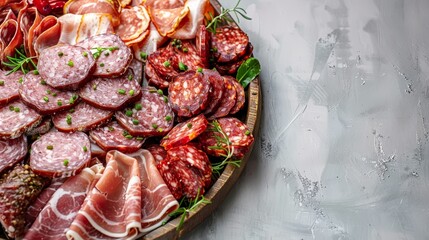   A platter displays meats and sausages on a table