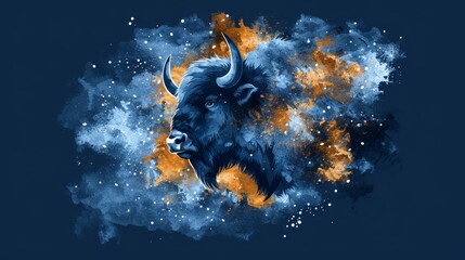   Digital painting of a bison's head with orange and blue smoke emanating from its back