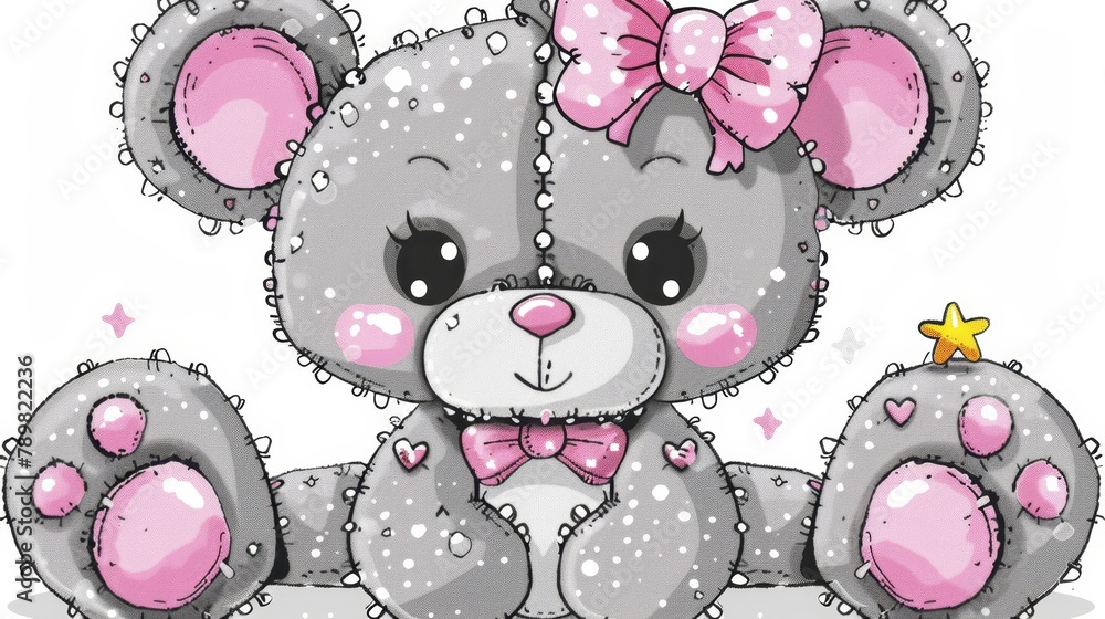 Poster   A gray  bear, adorned with a pink bow and a star atop its head, sits on a pristine white surface