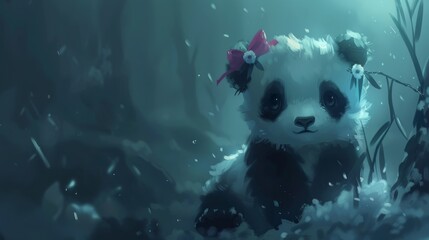   A pandabear sits in the snow, adorned with two pink bows on its head
