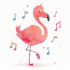 Obraz premium A pink flamingo before a white backdrop, adorned with music notes, bears notes on its feet