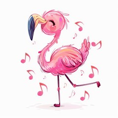   A pink flamingo stands with musical notes emerging from its beak, accompanied by a single music note issuing forth
