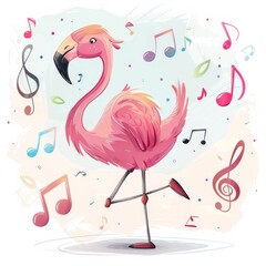 Naklejka premium A pink flamingo dances among musical notes