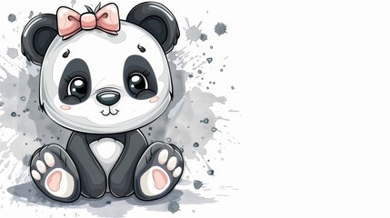   A panda bear, black and white, wearing a pink bow, sits before a watercolor backdrop marked by blotches