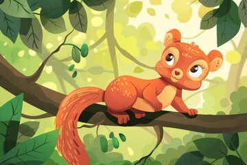   A red squirrel atop a verdant tree branch amidst a lush forest of vibrant green leaves and branches