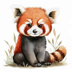 Fototapeta na wymiar A red panda seated on the ground, its eyes large and expressing sadness
