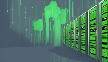IT pop style 2D poster datacenter network servers loading information to the internet cloud, green grey colour
