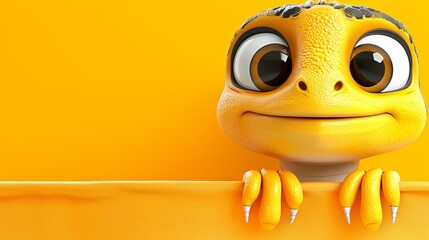   Close-up of a smiling stuffed animal with large eyes against a yellow backdrop