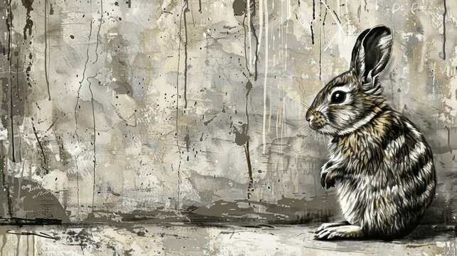   A black-and-white drawing of a rabbit seated before a grungy wall, featuring peeling paint