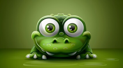   A cartoon green monster with large eyes rests on a verdant surface, adorned with water droplets