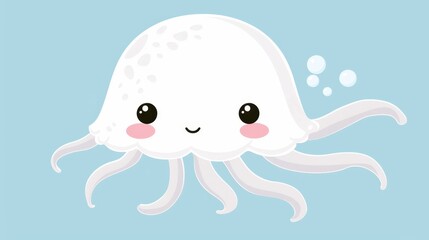   A white octopus with a pink nostril and black eyes against a blue backdrop, exhaling bubbles from its mouth - obrazy, fototapety, plakaty