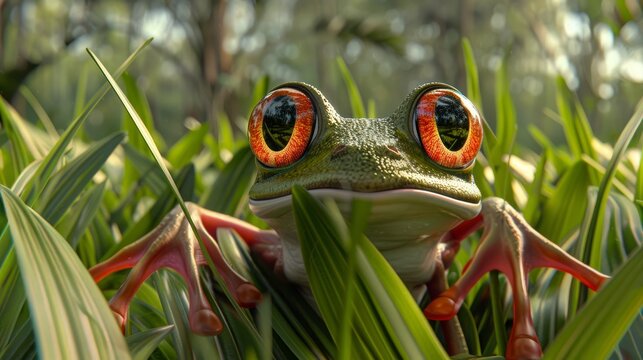   A tight shot of a frog, its vivid red eyes standing out, situated in a lush green grass expanse dotted with trees