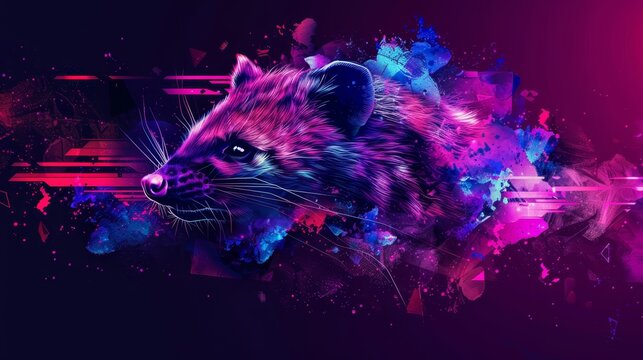   A raccoon painting against a dark backdrop, adorned with splatters of vibrant paint on its face
