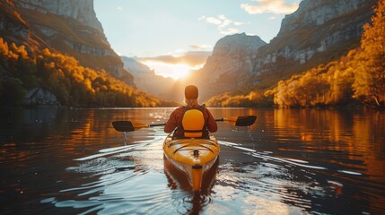   A person in a kayak paddles downstream before a mountainside backdrop as the sun sets