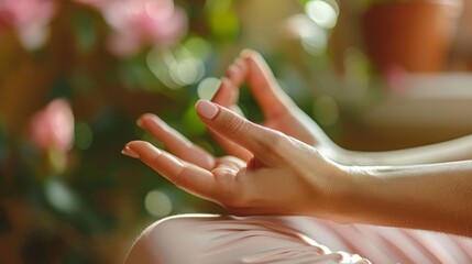   A woman in a pink dress sits in lotus position with elevated hands against a flower pot backdrop