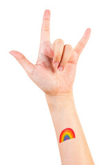 Obraz premium Png LGBTQ+ pride tattoo mockup with rock n' roll hand in the air