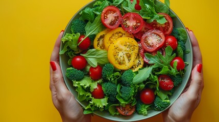  tomatoes, broccoli, and lettuce against a sunny yellow background