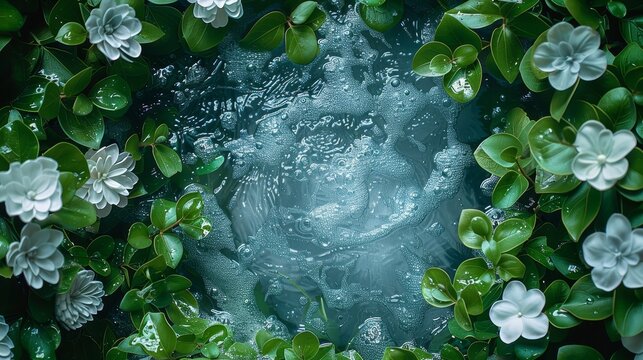   A photo of water lilies in a pond, their green and white leaves encompassing them