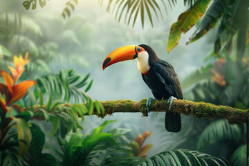 Fototapeta premium Colorful toucan perched on a branch against a backdrop of lush rainforest.