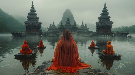   A woman in a red dress sits before a body of water, surrounded by a group of buddhas in the background