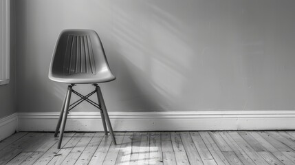  A monochrome image of a chair situated in a room's corner, illuminated by sunlight filtering through a window - obrazy, fototapety, plakaty