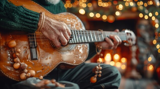   A person tightly holds a guitar in focus, face expressionive, before a crackling fireplace Behind them, a Christmas tree is adorned with twinkling lights