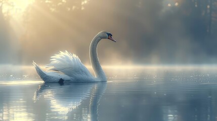   A white swan floats atop a tranquil lake, surrounded by a lush green forest on a foggy morning