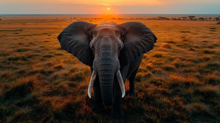   An elephant stands in a field as the sun sets, backdrop filled with a reddening sky