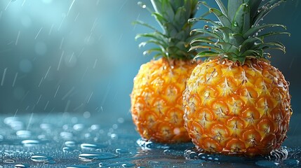   Two pineapples placed side by side atop a blue, water-speckled table