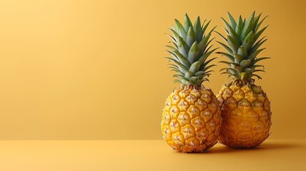   Two pineapples atop a yellow table, aligned side by side
