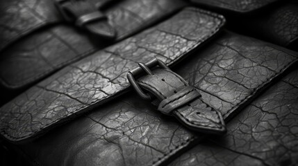   A monochrome image of a watch strap against a black leather band, featuring a silver buckle at its front - obrazy, fototapety, plakaty
