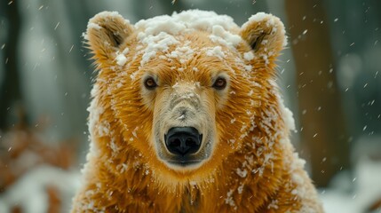 Fototapeta premium A close-up of a brown bear with snow covering its face extensively