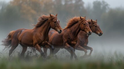   Group of brown horses galloping through foggy field with trees in background on foggy day - obrazy, fototapety, plakaty
