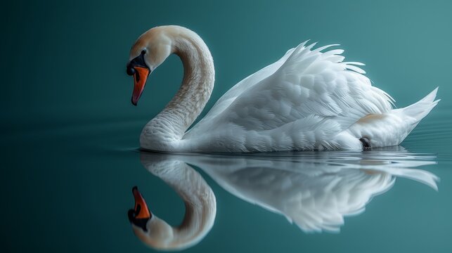   A tight shot of a swan bending its neck into the water, with its mirror image visible beneath