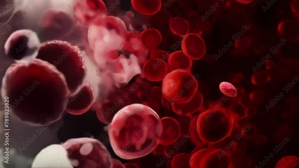 Poster a microscopic view of red and white cells traveling through a vessel captured in motion and showing 