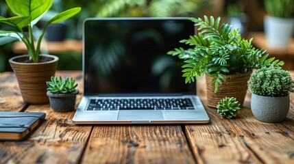   A laptop on a wooden table, near a potted plant