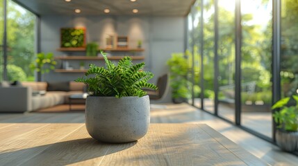   A potted plant sits atop a wooden table, before a living room filled with numerous windows