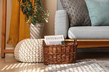 Stylish living room with sofa, pillows, houseplant and basket with magazines