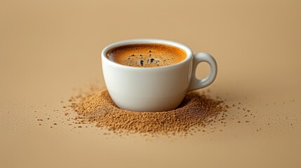   A cup of coffee sits atop a table, its surface dotted with brown sprinkles Nearby, a pile of ground coffee beans waits
