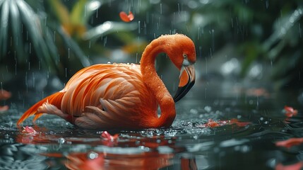   A flamingo bends its neck, submerging its head in the water, mirrored by its reflection - obrazy, fototapety, plakaty