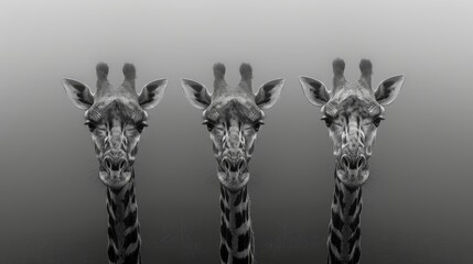   Two giraffes in black-and-white, standing close against a gray backdrop