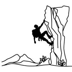 One continuous black line drawing of man rock Climbing a steep rocky cliff Doodle linear drawing cartoon on white background. vector