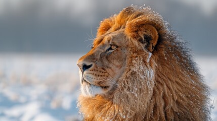   A tight shot of a lion coated in snow, contrasting with a hazy, indistinct sky behind