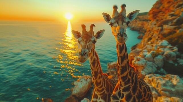   Two giraffes facing each other by a water body as sunset paints the sky behind