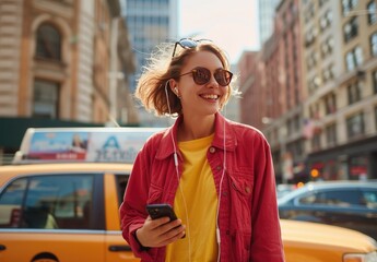 City Chic: Teenage Girl Embraces Urban Life with Apple AirPods and Smartphone