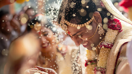 A bride and groom are being showered with flower petals.

