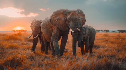   A herd of elephants atop a dry, grass-covered field as the sun sets in the distance - obrazy, fototapety, plakaty