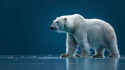   A large white polar bear atop an ice float, dotted with water droplets - obrazy, fototapety, plakaty