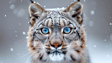  piercing blue eyes, dusted with snowflakes amidst its frosted fur
