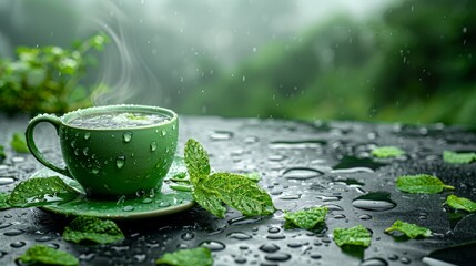   A cup of green tea on a table, surrounded by raindrops and green leafy leaves